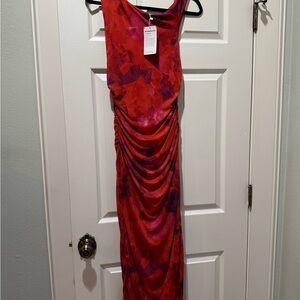 Ruched Red Maxi Dress with Purple Print